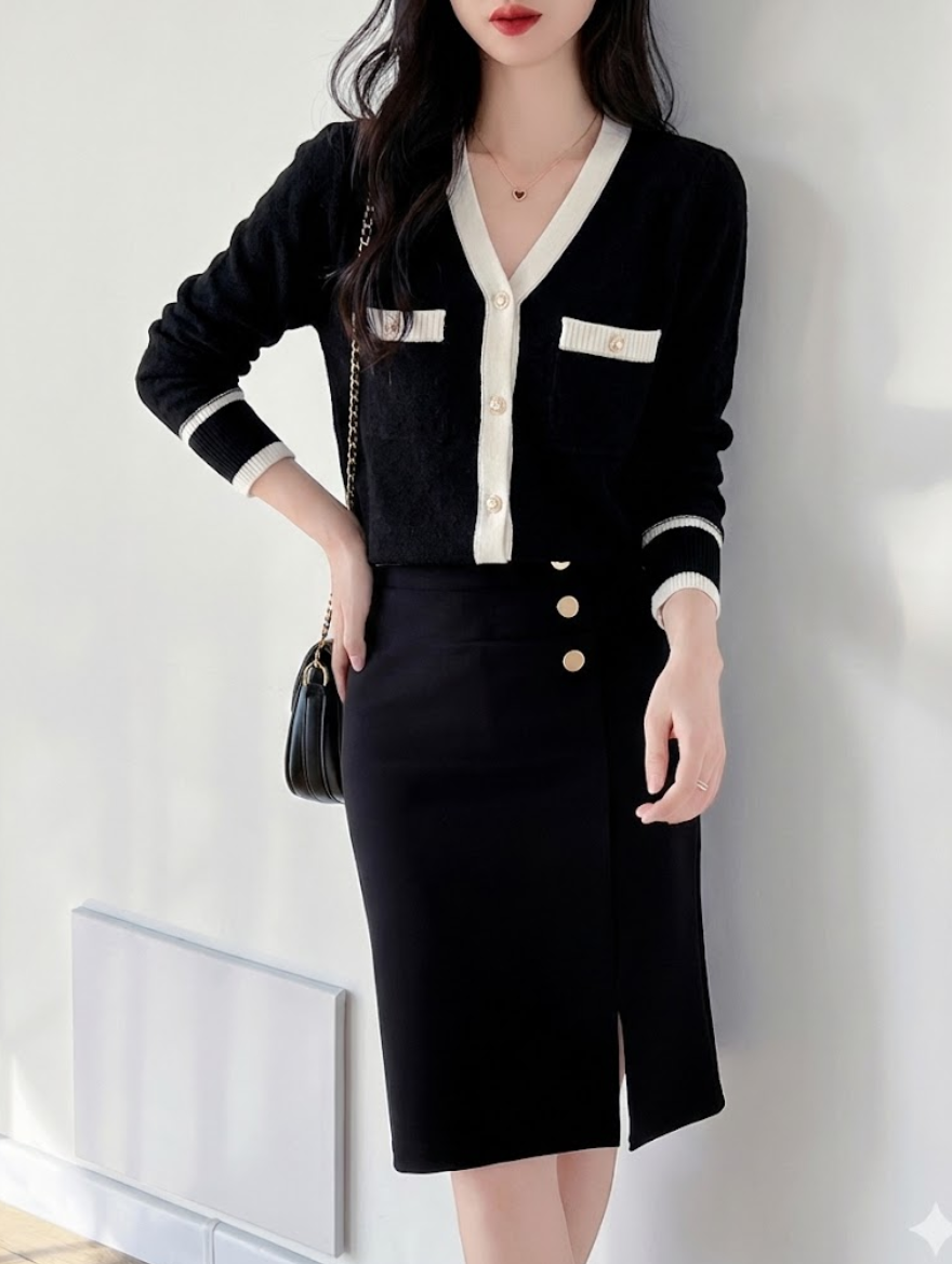 小香風V領撞色針織上衣,針織,提花,小香風,裝飾釦,撞色