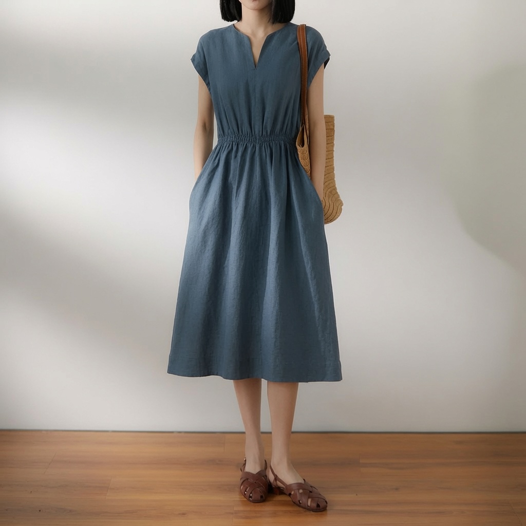 優雅簡約亞麻感長洋裝,evaviva,8C-GY7806,優雅簡約亞麻感長洋裝,領500,999免運