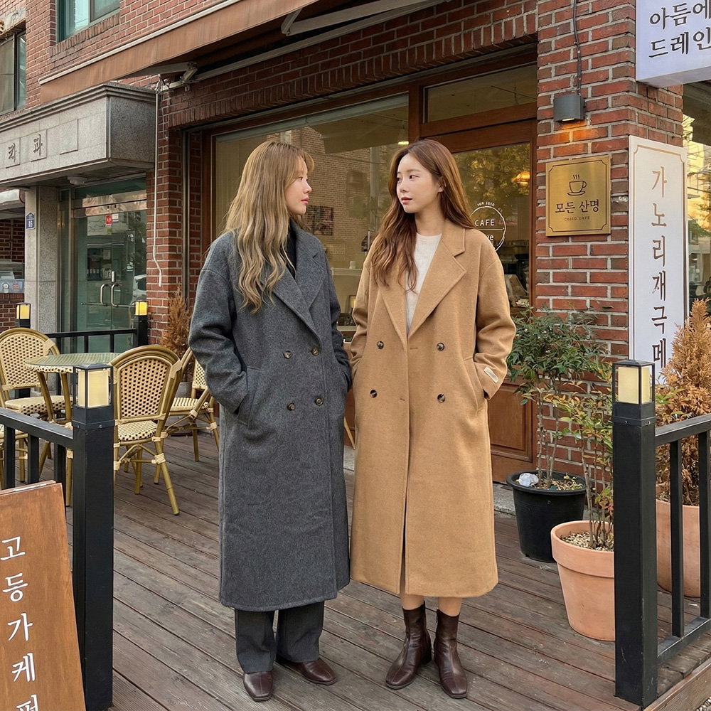 時髦素面翻領羊毛大衣