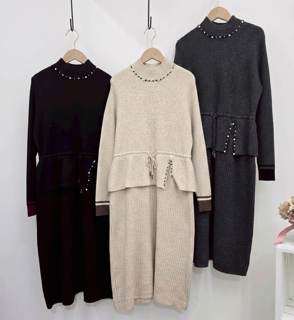 假兩件珠飾針織洋裝,evaviva,99-AV7295,假兩件珠飾針織洋裝,領500,999免運