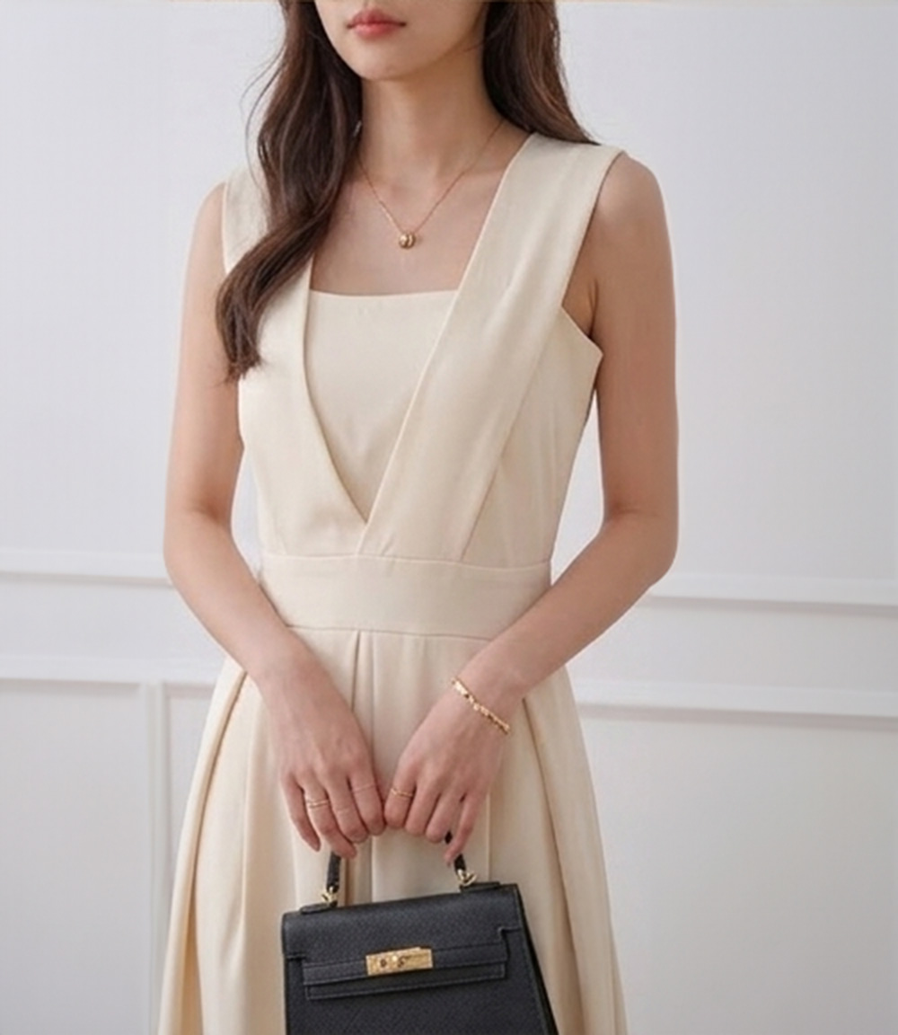 法式設計感西裝收腰連身褲,寬鬆,一件式,無袖,純色,素色