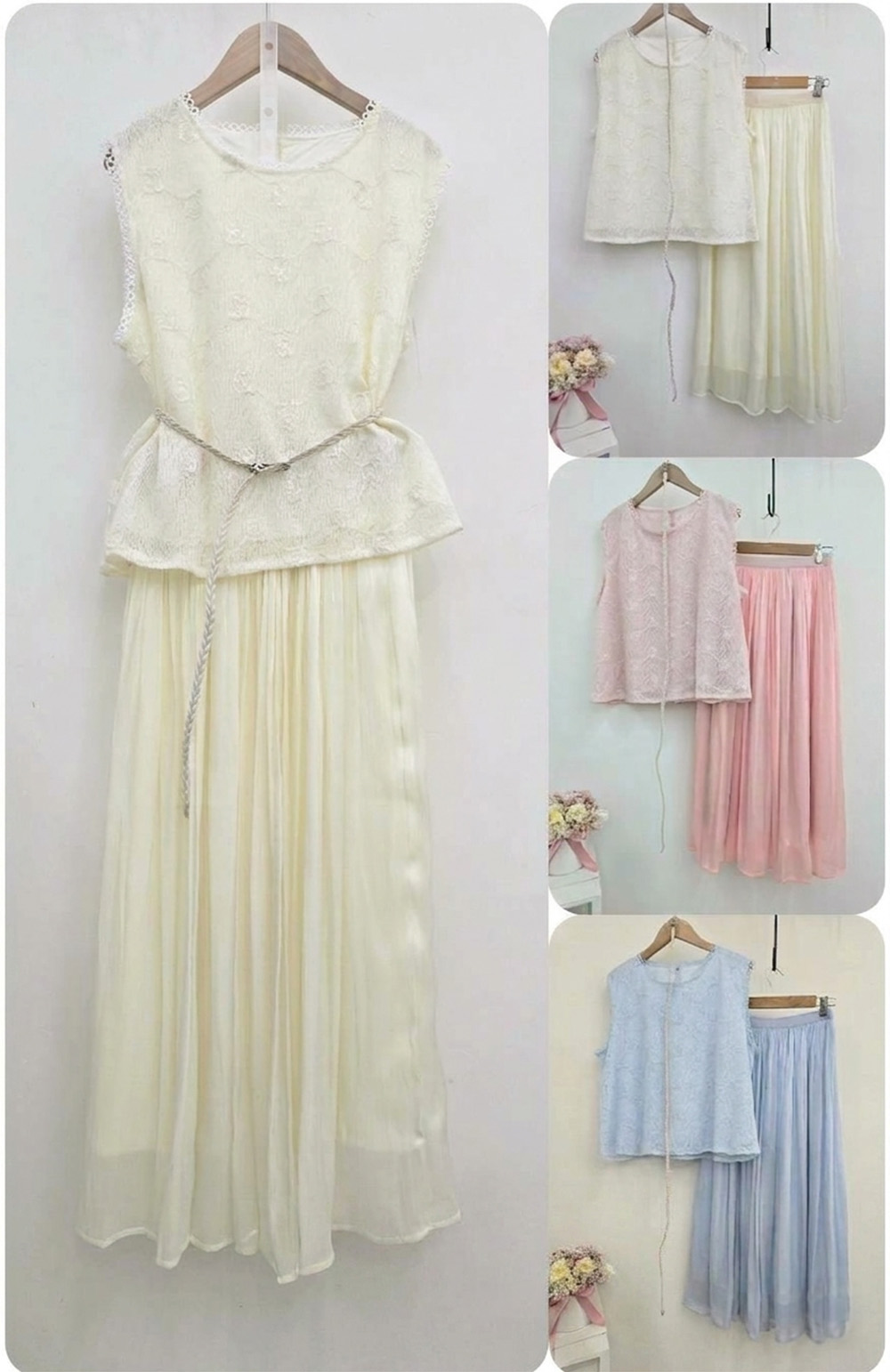 蕾絲緹花拼接長裙套裝,evaviva,99-AV7559,蕾絲緹花拼接長裙套裝,領500,999免運