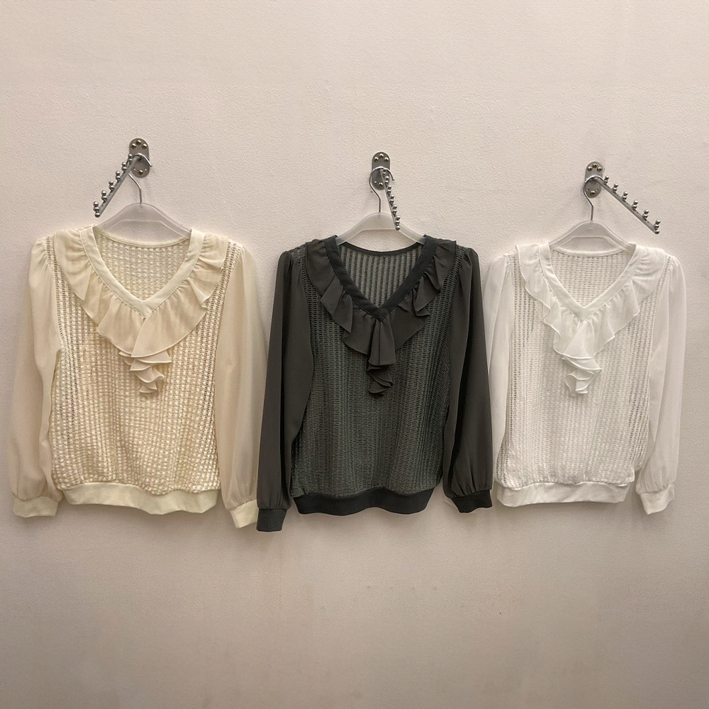 荷葉領假兩件鏤空上衣