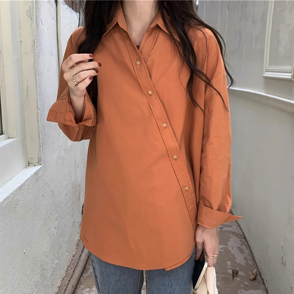 不完美-斜釦設計長袖襯衫