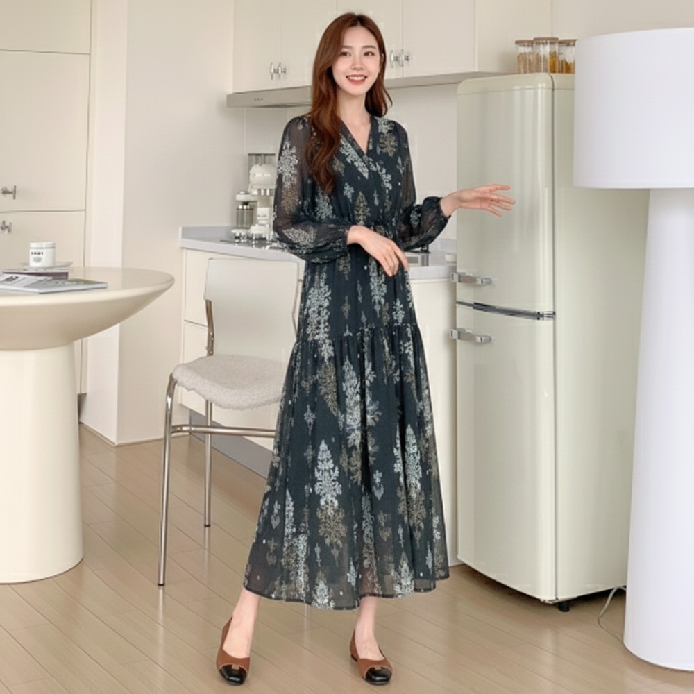 優雅V領抽繩印花洋裝