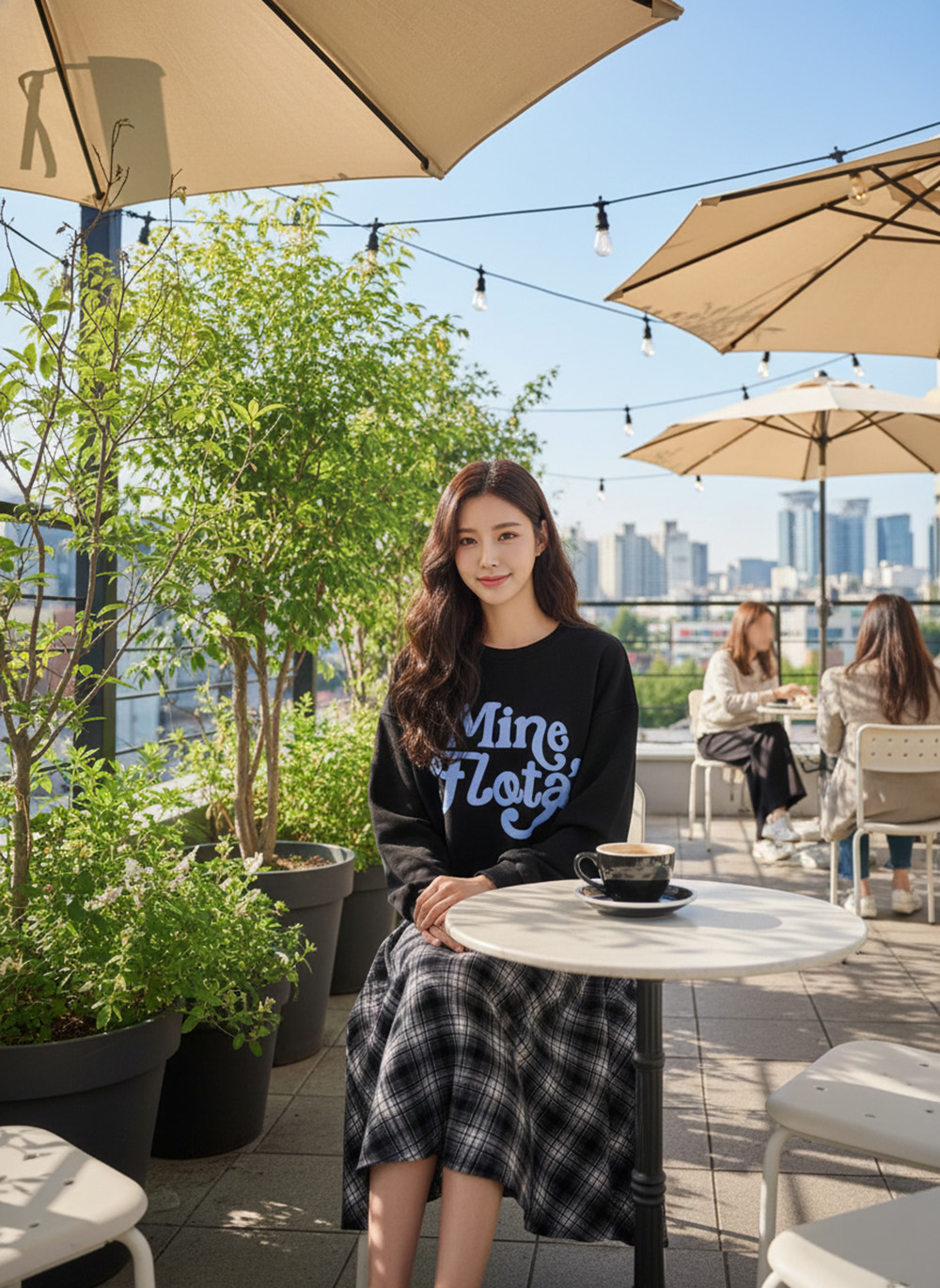 假兩件格紋拼接長洋裝