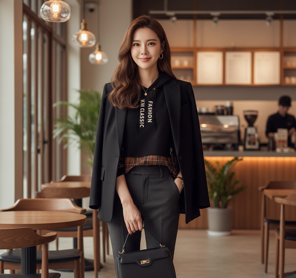 復古格紋拼接連帽上衣