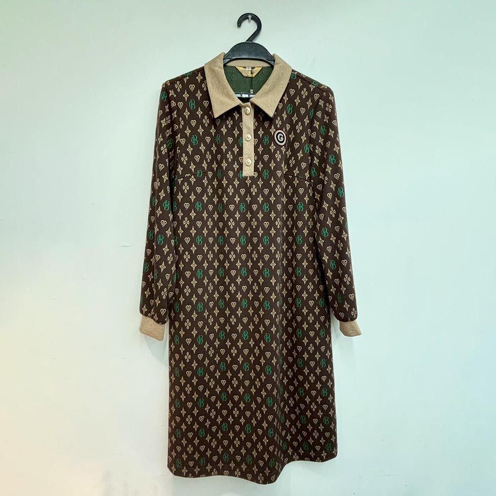 復古翻領印花針織洋裝,BlackJ輕奢系列,99-BG7289,復古翻領印花針織洋裝,領500,999免運