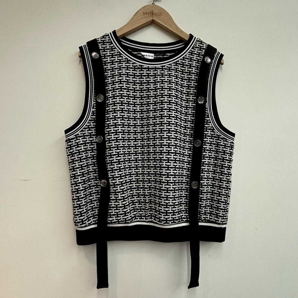 黑白幾何緹花針織背心,BlackJ輕奢系列,99-BG7298,黑白幾何緹花針織背心,領500,999免運