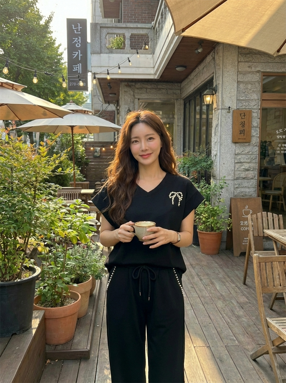 蝴蝶結上衣長褲套裝,鬆緊腰,顯瘦,休閒,日常,舒適