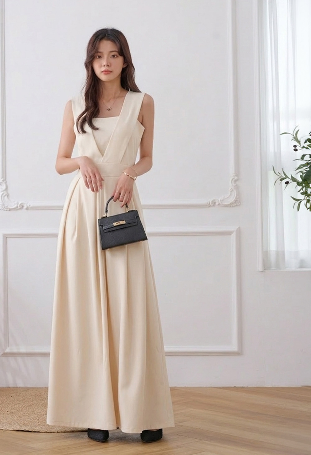 法式設計感西裝收腰連身褲,寬鬆,一件式,無袖,純色,素色