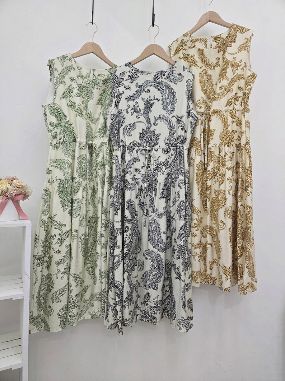 復古圖騰抽繩背心洋裝,evaviva,99-AV7557,復古圖騰抽繩背心洋裝,領500,999免運