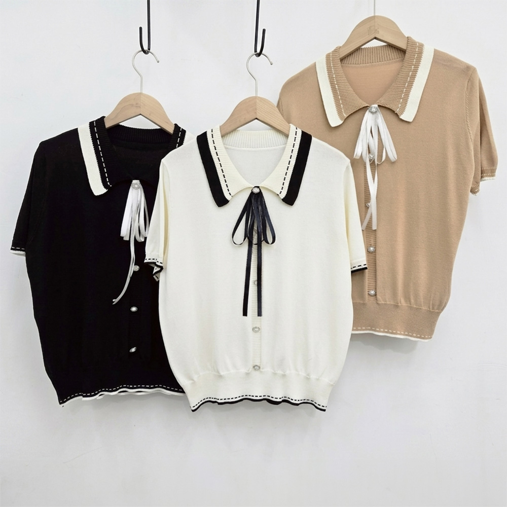 撞色翻領絲帶針織上衣,evaviva,99-AV7565,撞色翻領絲帶針織上衣,領500,999免運