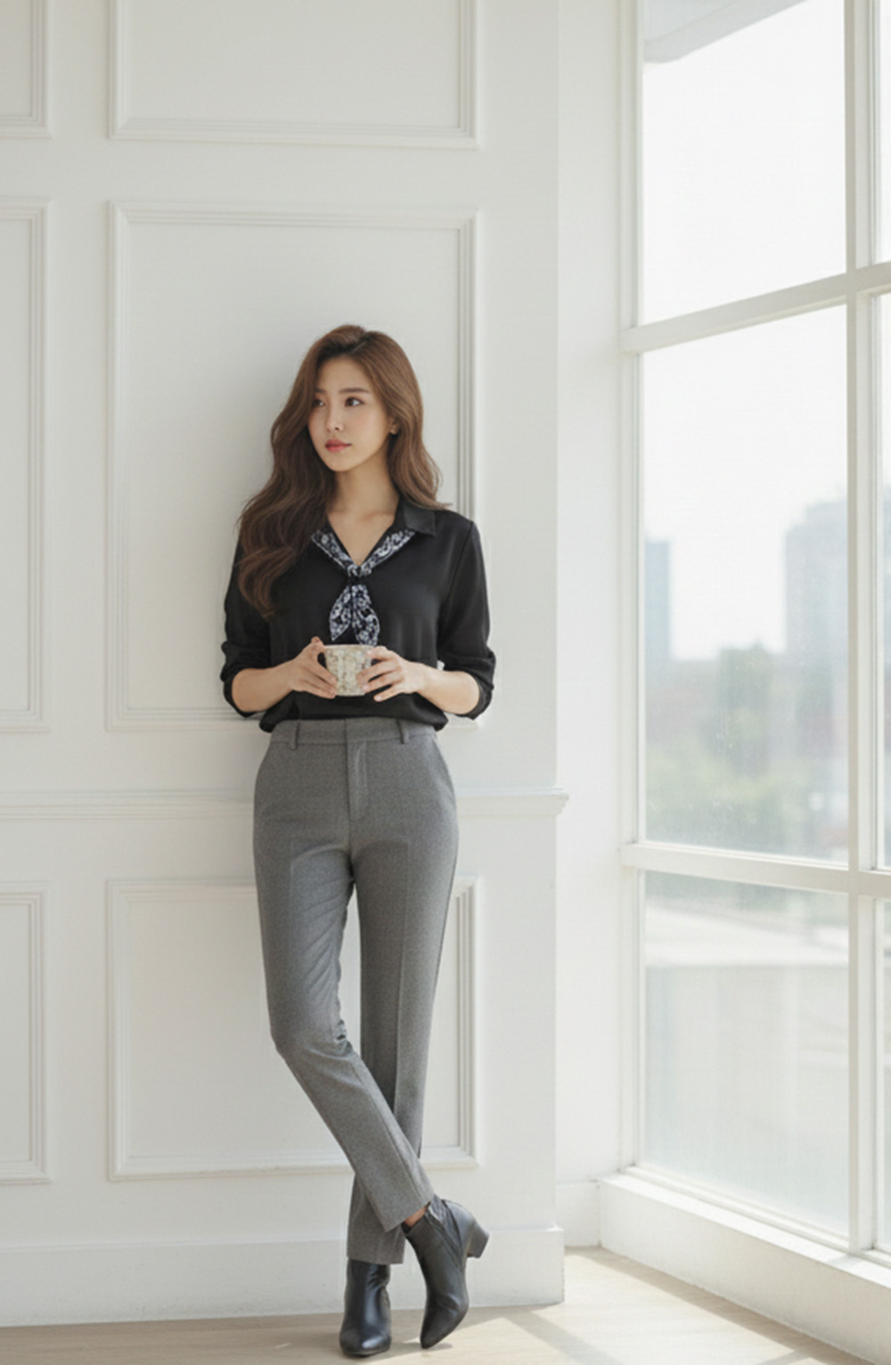 質感印花絲巾長袖襯衫