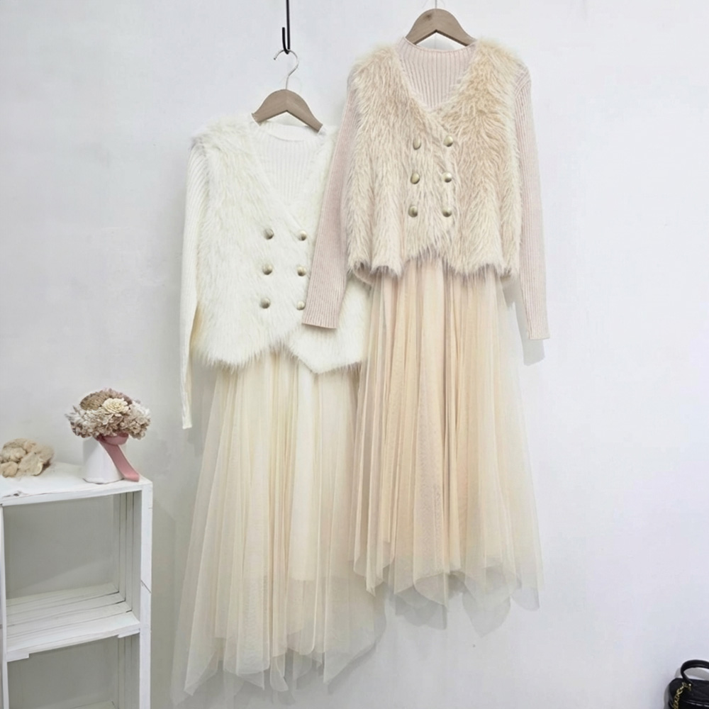 毛絨背心網紗洋裝套裝