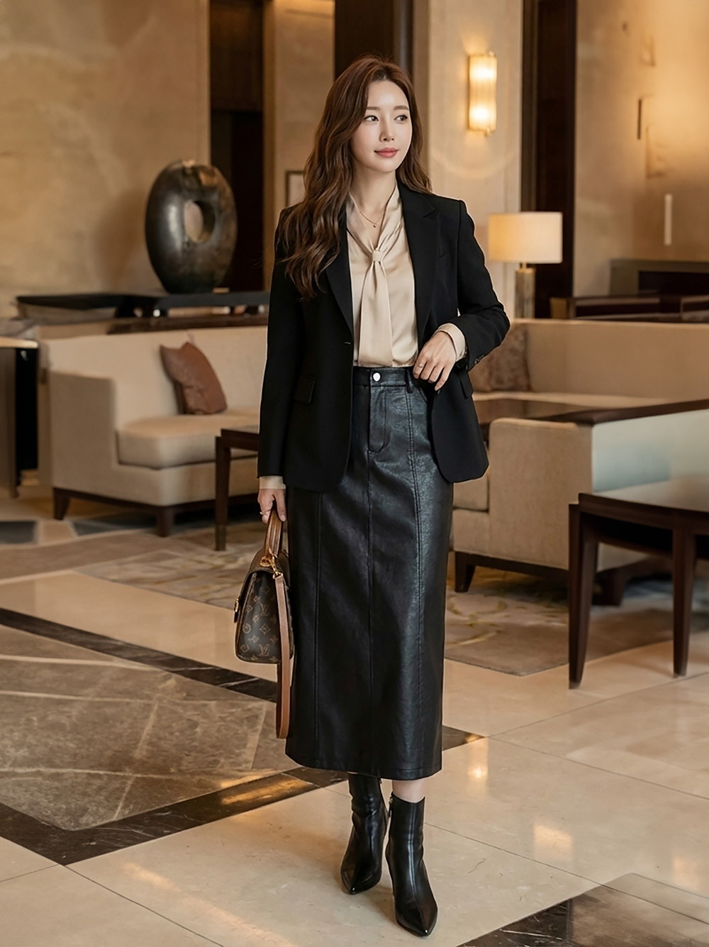 A字內磨毛皮革長裙