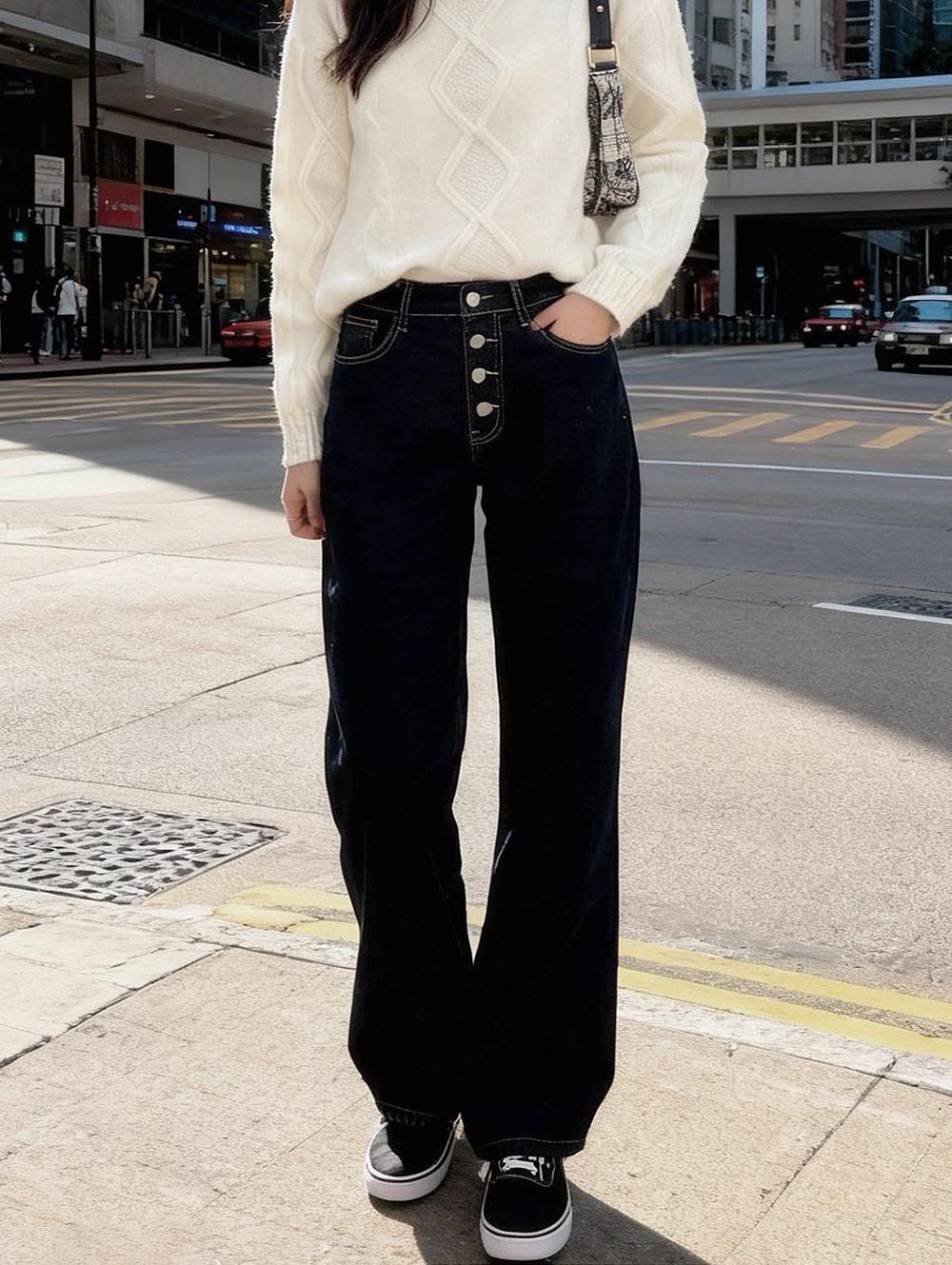 內磨毛排釦牛仔寬褲