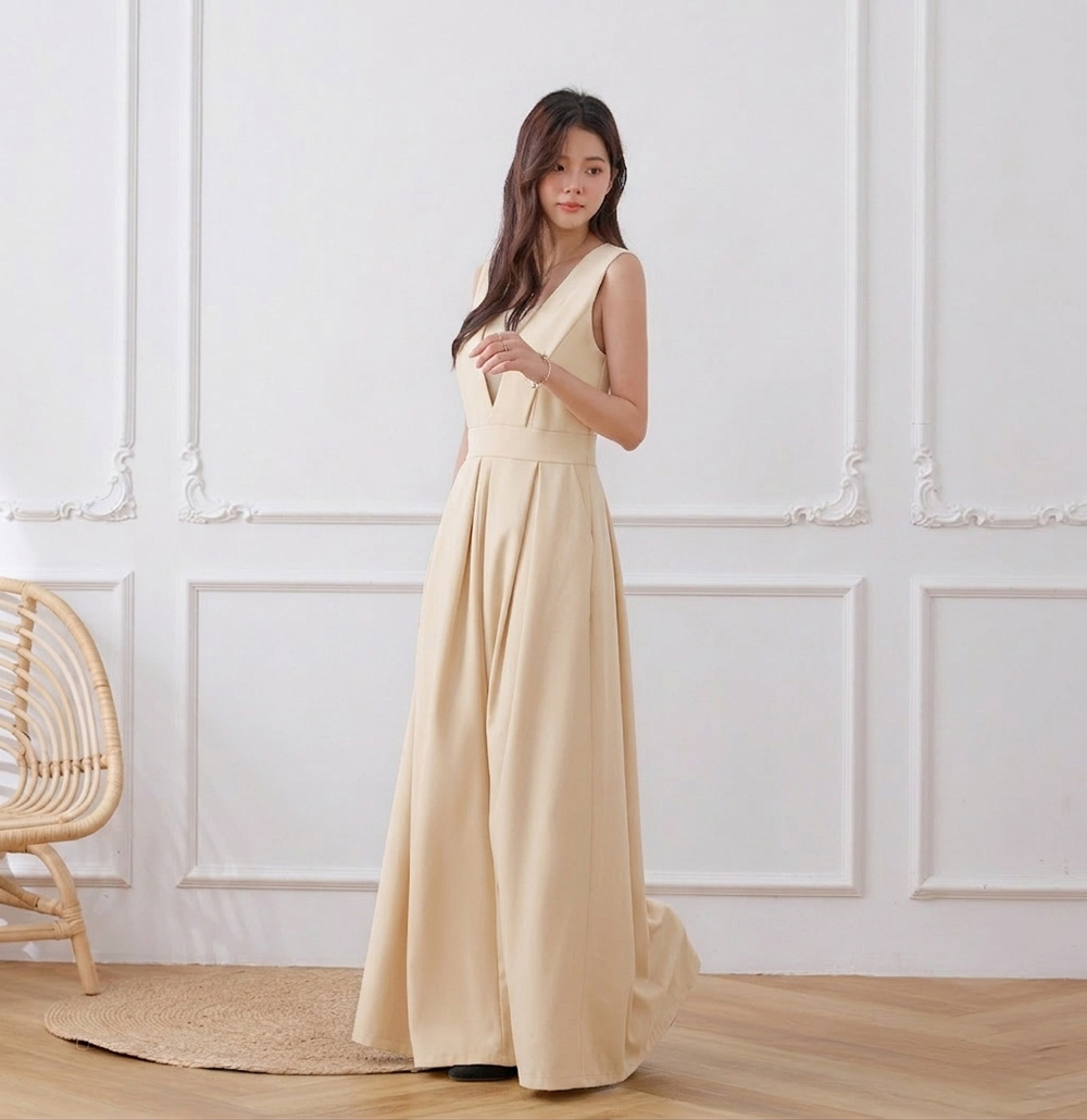 法式設計感西裝收腰連身褲,寬鬆,一件式,無袖,純色,素色