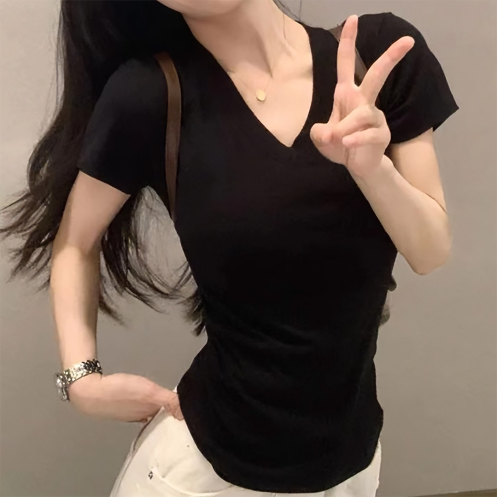 不完美-純色V領修身短袖上衣