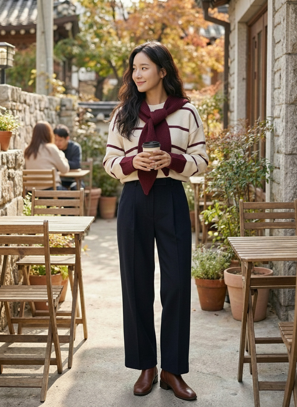 連帽披肩條紋針織上衣