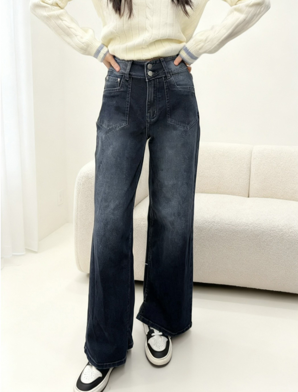 高腰刷色微彈牛仔寬褲