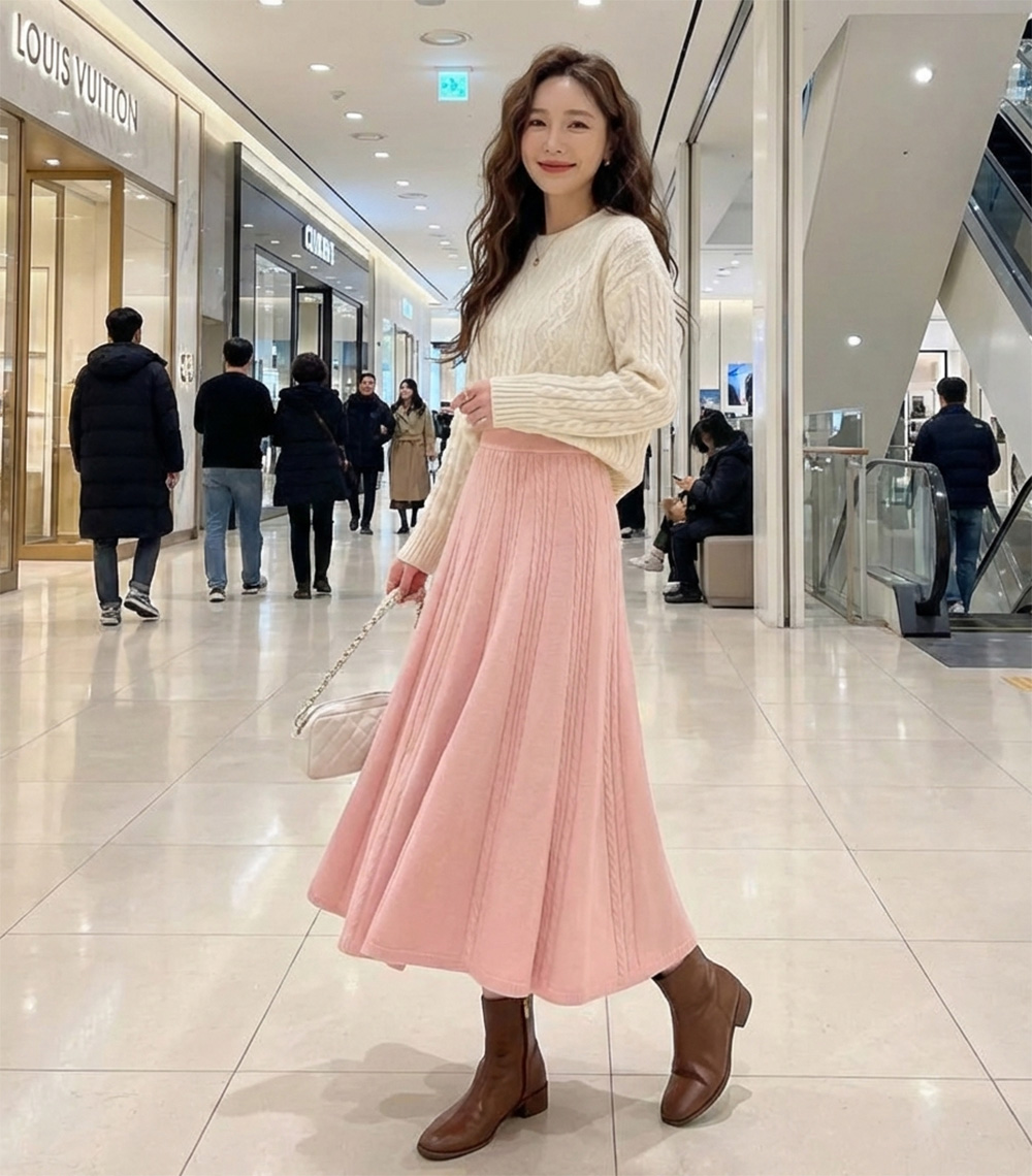 麻花紋傘狀針織長裙,冬天,氣質,麻花紋,針織,傘狀裙