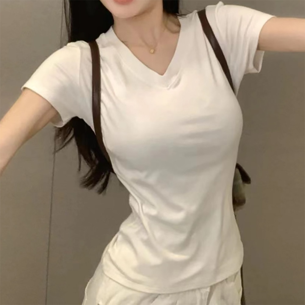 不完美-純色V領修身短袖上衣