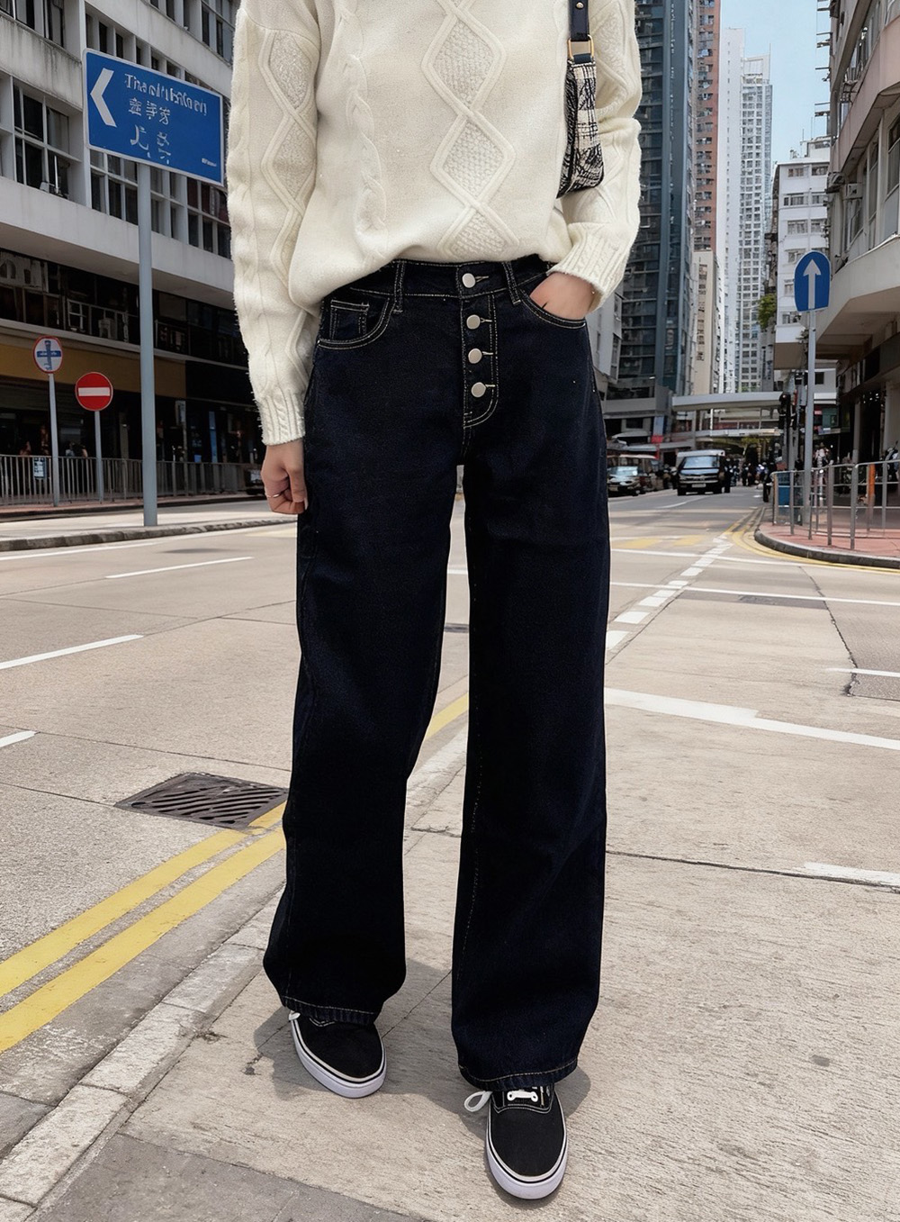內磨毛排釦牛仔寬褲