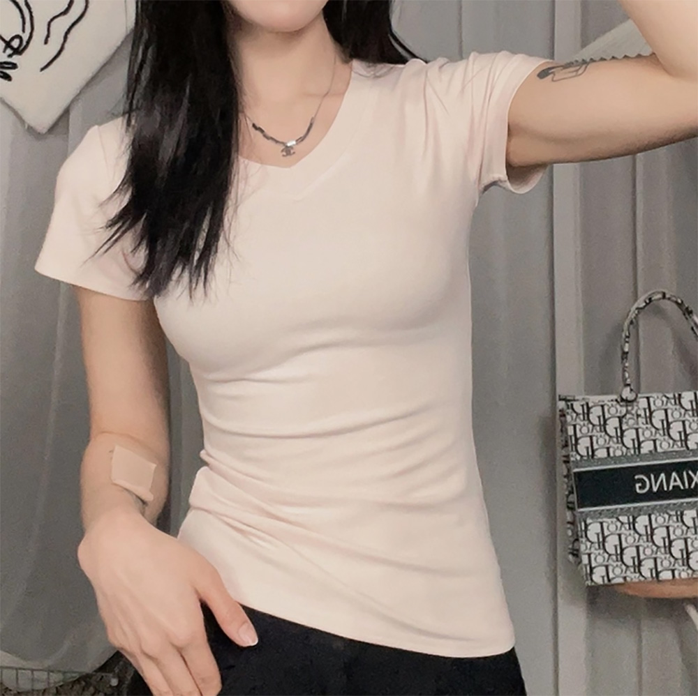 不完美-純色V領修身短袖上衣