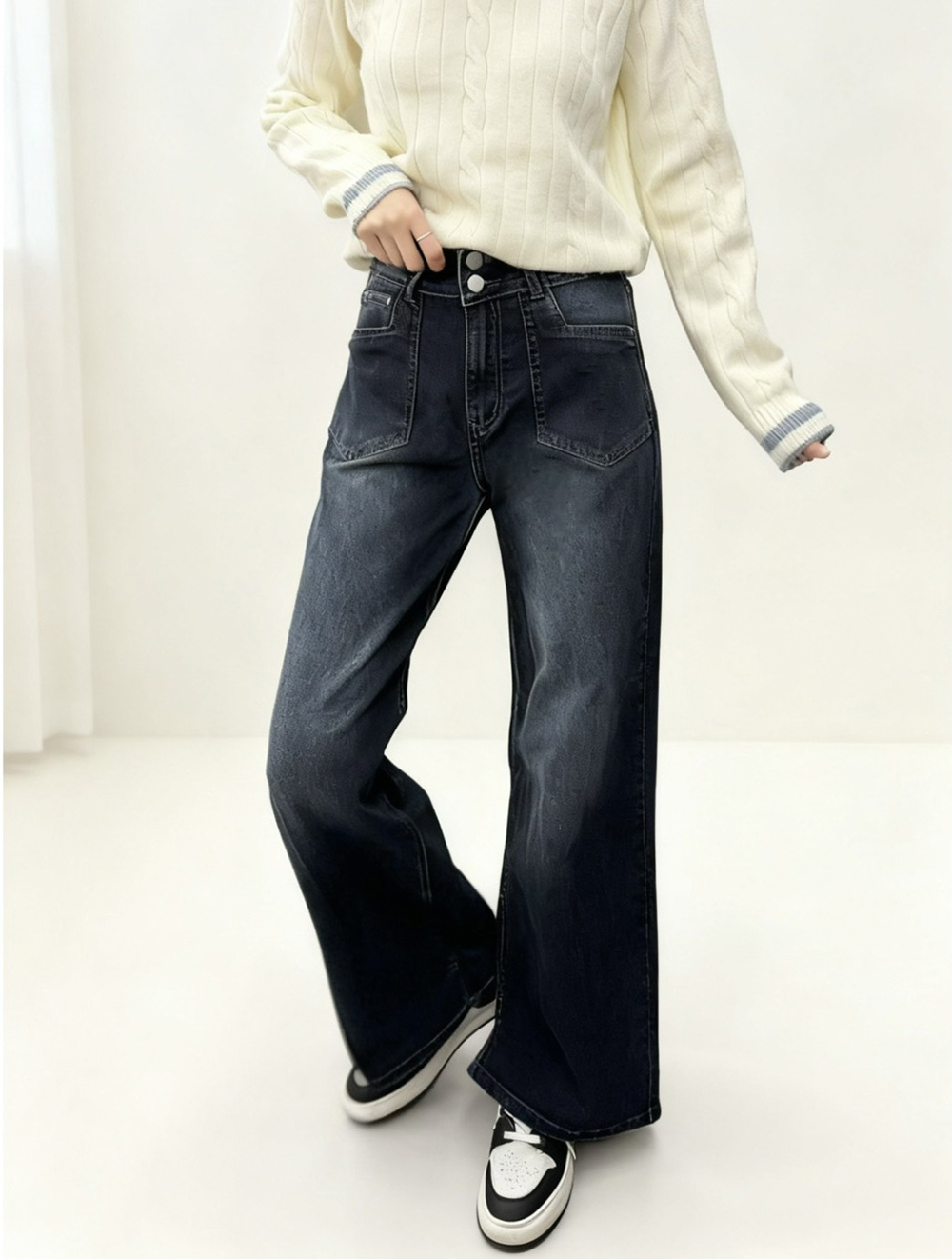 高腰刷色微彈牛仔寬褲