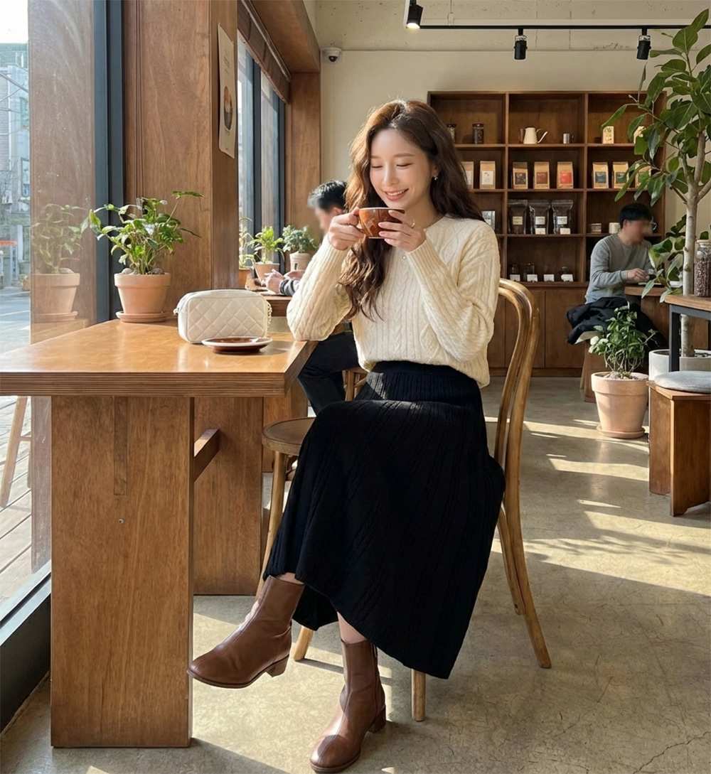 麻花紋傘狀針織長裙,冬天,氣質,麻花紋,針織,傘狀裙