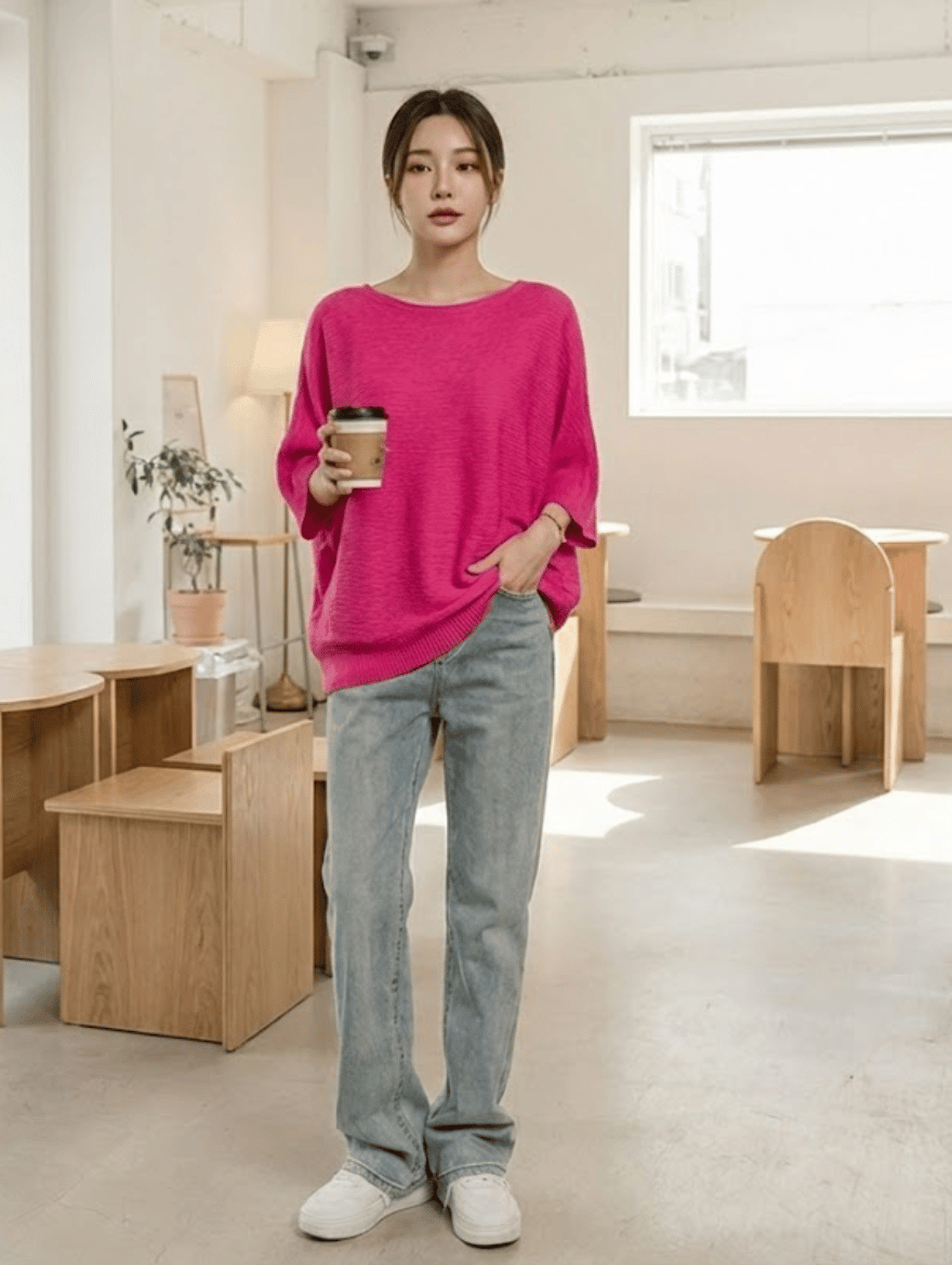 多色遮肉蝙蝠袖上衣