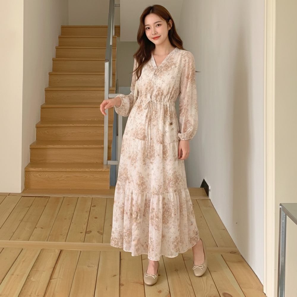 V領抽繩雪紡印花洋裝,中大尺碼,遮肉,棉花糖女孩,雪紡,顯瘦